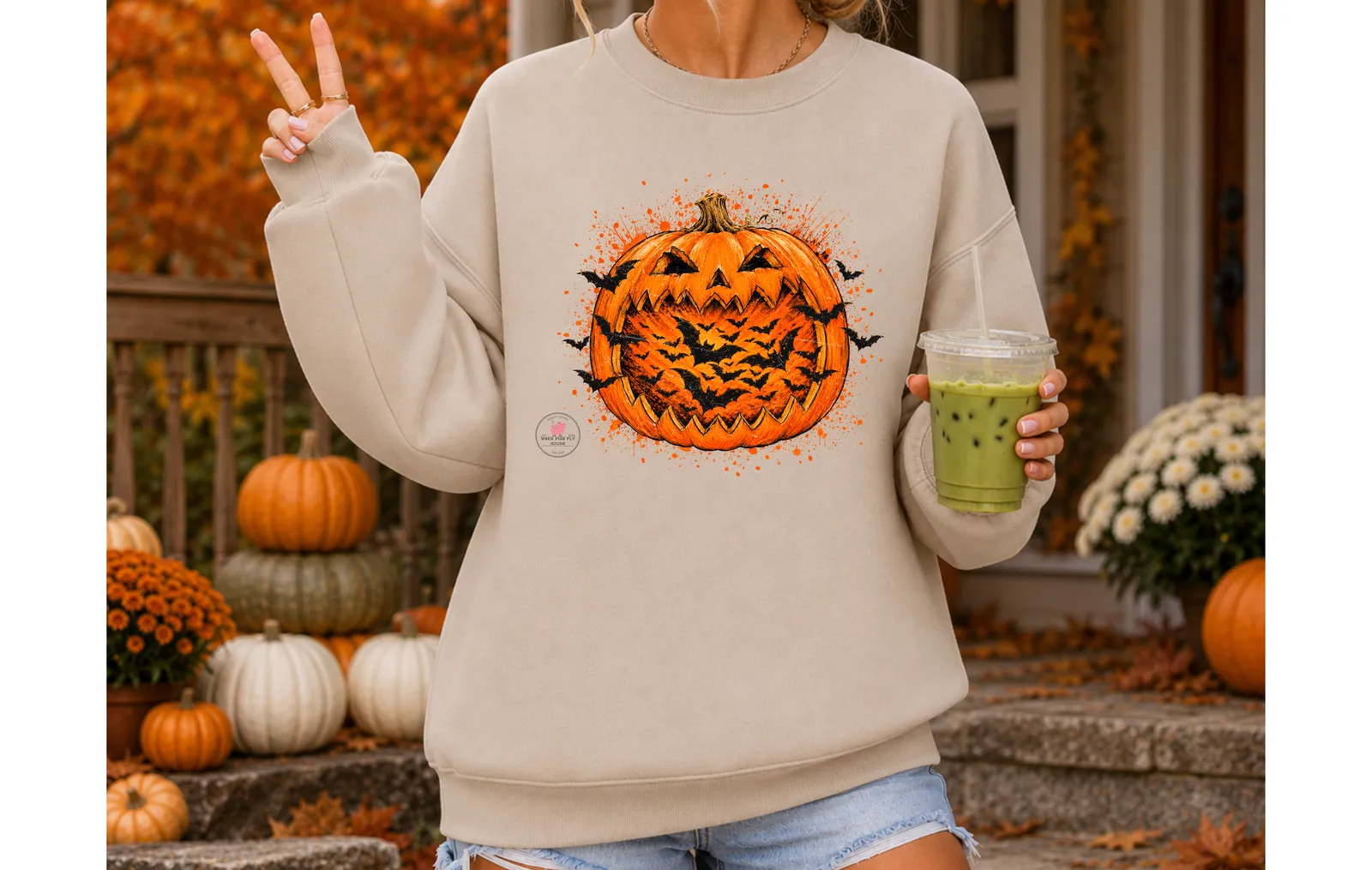 Halloween Smiling Pumpkin with Bats Sweatshirt by When Pigs Fly Goods