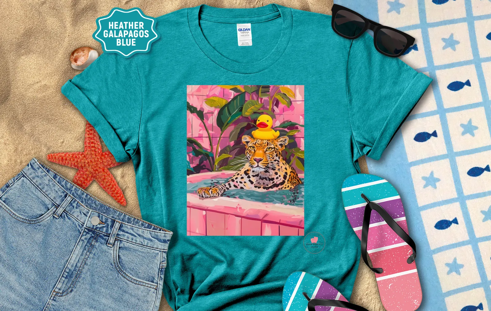 Cheetah in Bathtub with Rubber Duckie Tee by When Pigs Fly Goods