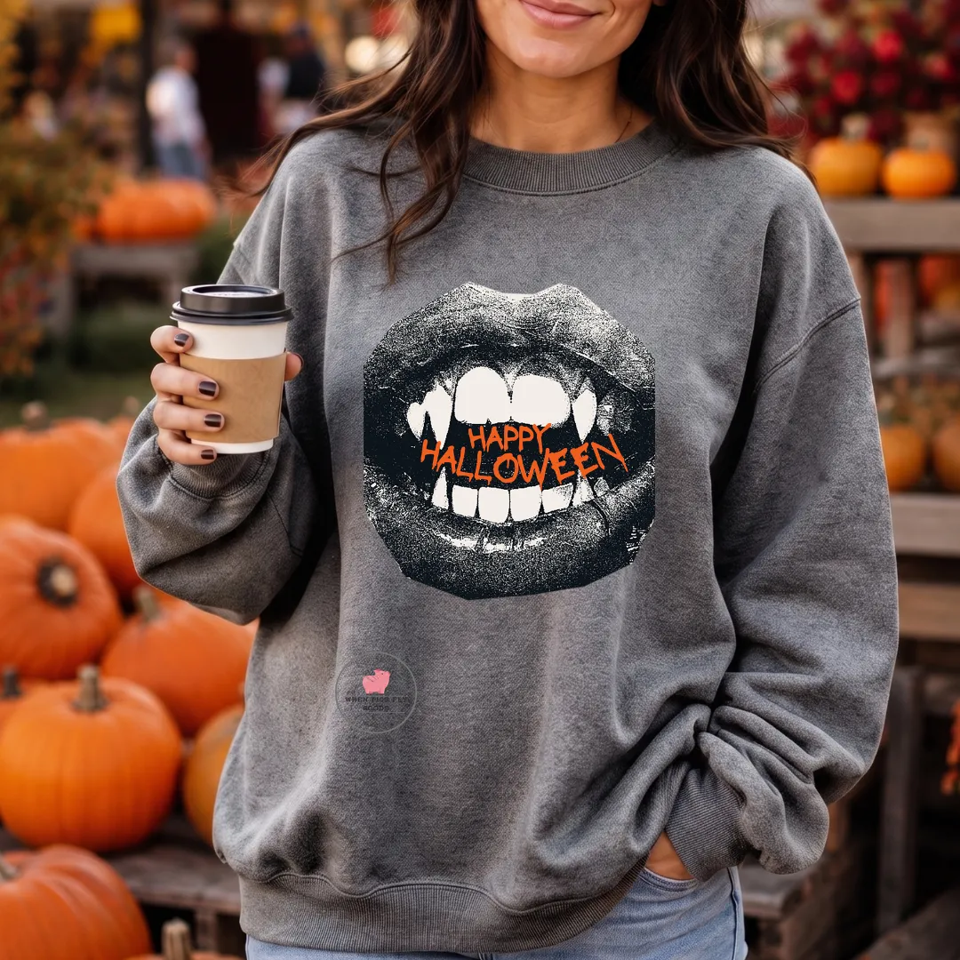 Happy Halloween Fanged Lips Sweatshirt by When Pigs Fly Goods