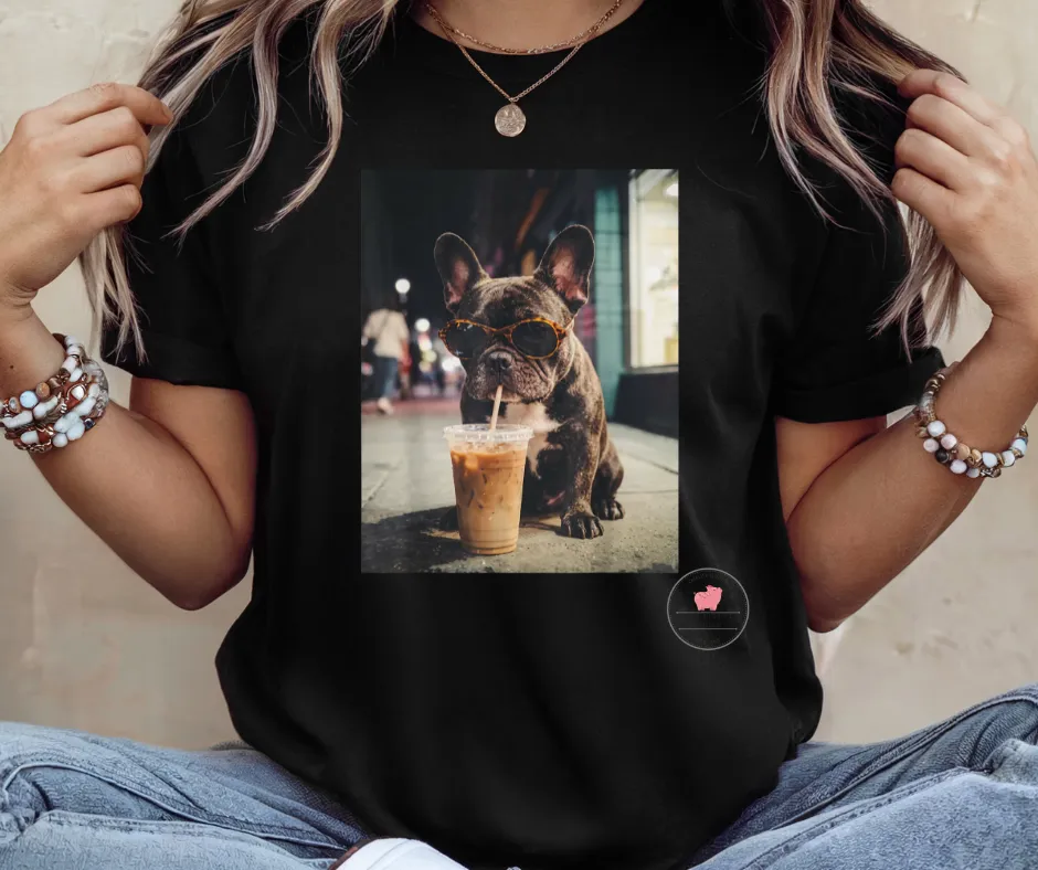 Cool Frenchie with an Iced Latte Tee by When Pigs Fly Goods