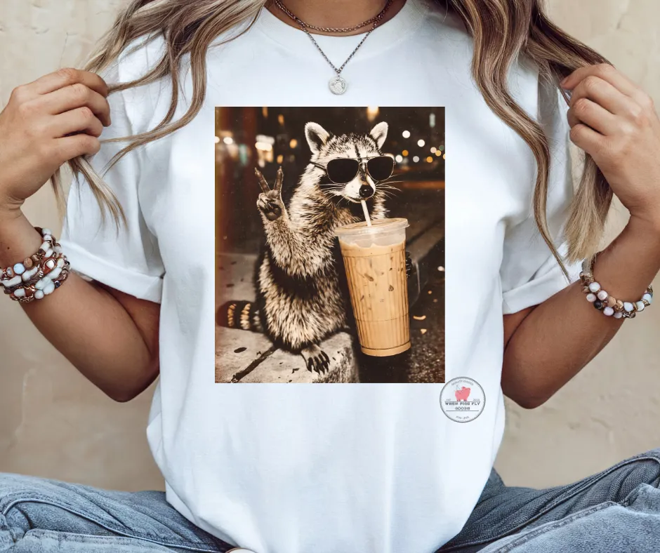 Cool Racoon with an Iced Latte "Peace" Tee by When Pigs Fly Goods